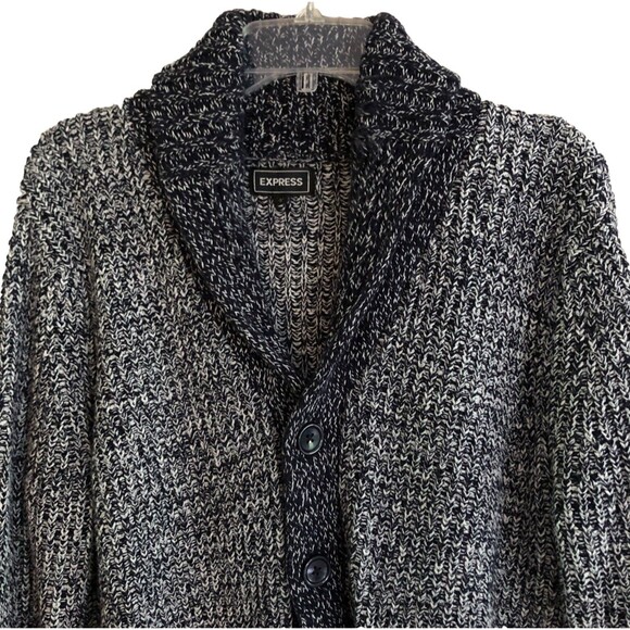 Express Shawl Collar Cardigan Sweater Mens Sz L Navy Marled Chunky Knit Grandpa - Picture 2 of 14